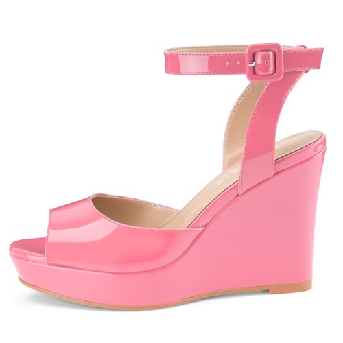 Image of Women's Dressy Platform Wedge Sandals Gold Wedges Peep Toe Patent High Heels Slingback Heeled Comfortable Ankle Strap Shoes