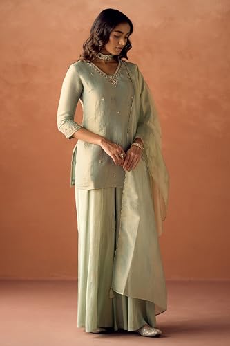 Image of FIORRA Women Pista Green Tissue Blend Hand Embroidered Kurta Set with Dupatta