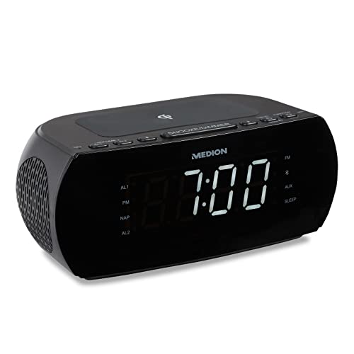 MEDION Reloj Despertador con Estación de Carga Inalámbrica E66259 (Radio Reloj FM Digital, Bluetooth, Temporizador de Sueño, Despertador, AUX, USB) Negro Cover