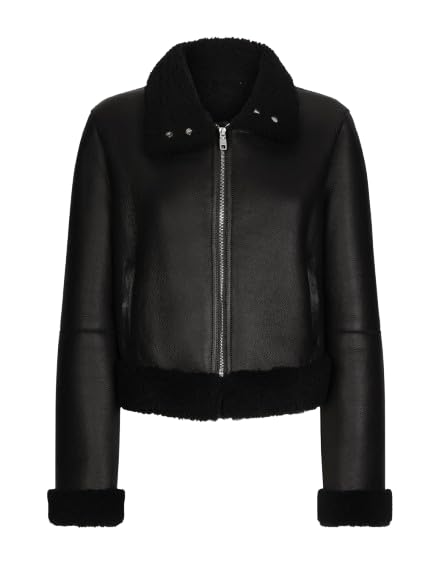 Chiusura: cerniera Giacca da aviatore da donna in pelle di pecora fatta a mano con isolamento in pelliccia sintetica, calda ed elegante, colore: nero, nero, X-Small