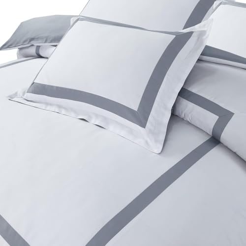 Majestic Giftware Madison Linen 4 Pcs 48" Full Size Duvet Bedding Set (BL4-48F-8-4pcs) Province Hotel Collection-White-Gray Tape 400 TC Cotton Sateen | 1 Fitted Sheet, 1 Duvet, 2 Pillowcases