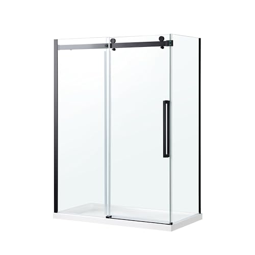 OVE Decors Bel 60-in W x 81-in H Framless Sliding Shower Door Corner Shower Kit, Shower Base and Side Panel Included in Matte Black and Clear Glass