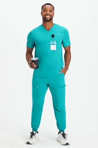 Image of Fabletics Men's Helix 1-Pocket Scrub Top - MotionTech, Wrinkle-Resist, Chest Pocket, Anti-Shrink, Semi-Slim Fit