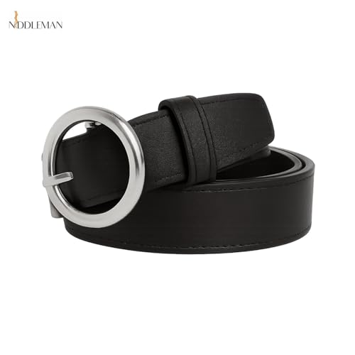 Image of NDDLEMAN Women's Vegan Leather Belt with Round Silver Metal Buckle | Matte Finish | Premium Stitching | Casual & Formal Wear