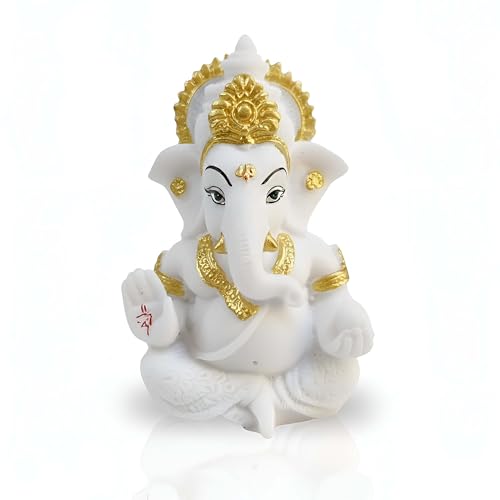 Image of 3.5 Inch Ganesha Idol Car Dashboard Idol Ganesha Murti Ganpati Idol for Home Decor Lord Ganesh Statue Gift for Office Desk Puja Room Figurine Decoration (White)