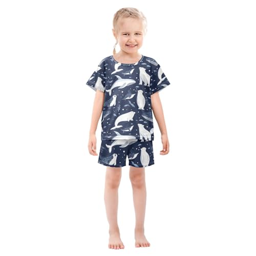 ALAZA Whale Bear Navy Blue Pajamas Set Short Sleeve Cotton Sleepwear Summer Pjs 2 Piece 5-14Y3
