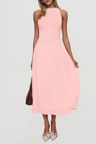 Image of Womens Summer Casual Midi Maxi Dress 2026 Sleeveless Ruched A Line Flowy Cocktail Wedding Guest Beach Long Sundress