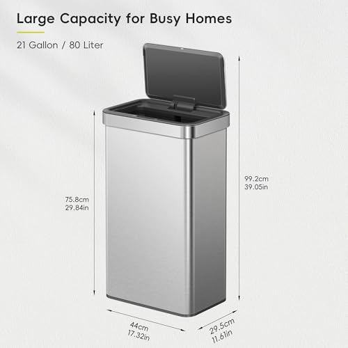 Image of EKO Nova Sensor Trash Can, 21 Gallon /80 Liter Stainless Steel Rectangular Touchless Motion Sensor Trash Can or Recycling Bin, Matte Metallic