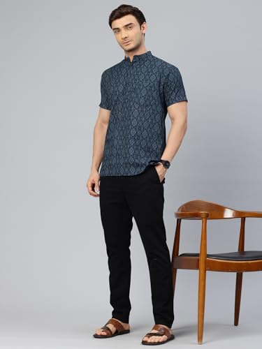 Image of Majestic Man Men Slim Fit Ethnic Motifs Cotton Printed Half Sleeve Short Kurta