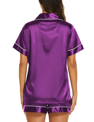 Image of Ekouaer Silk Pajamas for Women Short Sleeve Sleepwear Soft Button Down Loungewear 2 Piece Satin Pjs Shorts Set