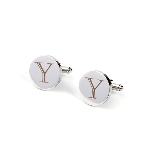 Image of Mens Initial Silver Cufflinks A-Z Alphabet Letter Steel Cuff Links with Engraved Walnut Wood Box Groom Groomsman Wedding Set