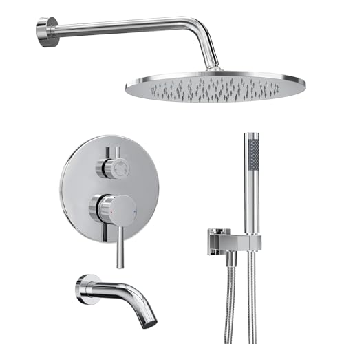 Image of Gabrylly Shower System with Tub Spout, Bathtub Shower Faucets Set with 3-Way Shower Valve, High Pressure 10 inch Rain Shower head with Handheld Spray Combo, Wall Mounted Rainfall Shower Head Set, Chrome