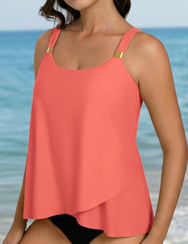 Hanna Nikole Damen Tankini Badeanzug Oberteil,Tankini Top mit Integriertem BH,Bauchweg Ruffle High Waisted Oberteil,Push Up Bademode U-Ausschnitt Badeanzüge,No Bottom Farbe Koralle XXL