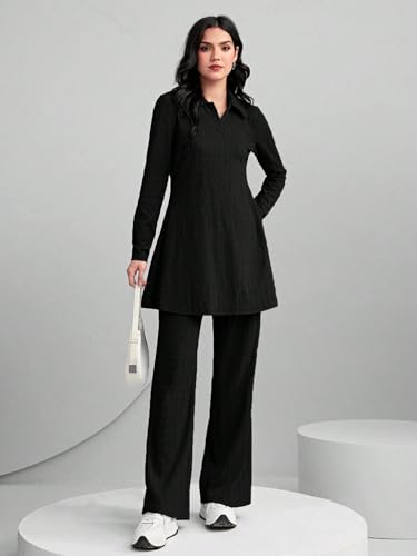 Image of TADKEE Women's Solid Color Two-Piece Set | Long Sleeve Top & Wide Leg Pants Co-ord Set | Casual Wear Co ord Set