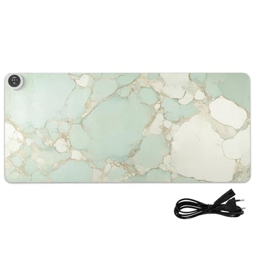 Alfombrilla de mouse grande con textura de mármol verde dorado de poliuretano con calefacción de 31.5 x 13 pulgadas, fundas de escritorio antideslizantes para mesa de computadora, trabajo de escritura