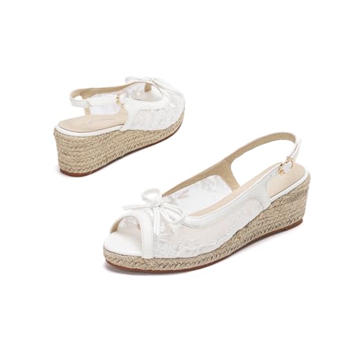 GATUXUS Women's Lace Wedges Heels Espadrille Platform Slingback Sandals Open Toe Buckle Strap Beach Dress Shoes (White US9) by GATUXUS - Used condition - Image 5