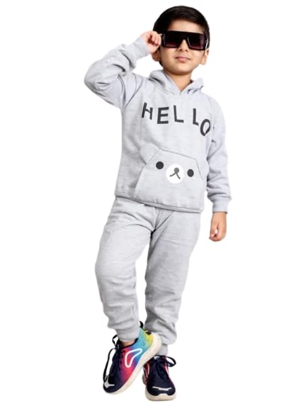 Image of Kids Cotton Blend Hoodie and Jogger Set for Winter - Warm & Comfortable with Cute Print for Boys and Girls (Grey)