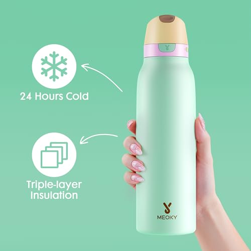 Image of Meoky 24 oz Slim Insulated Water Bottle: Leak Proof Locking Lid, 2-in-1 Straw and Spout, 24 Hours Cold, Top Handle, BPA Free, Stainless Steel Water Bottle for Adults Teens Sports Travel, Lime