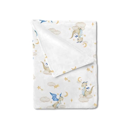 Image of Cartoon Fairy Tale Dragon Moon Stars Clouds Trees Baby Blanket for Boy Girl - Watercolor Dragons Flannel Swaddle - Soft Receiving Blanket for Crib Newborn Nursery Toddler Bed - Golden 30x40