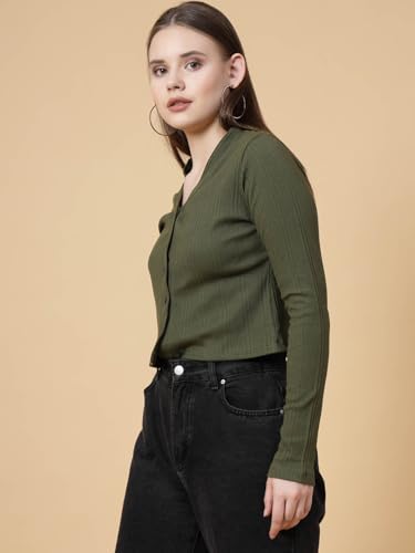 Image of Rigo Casual Wear V Neck Rib Knit Top for Women | Slim Fit Long Sleeves Western Tops for Women