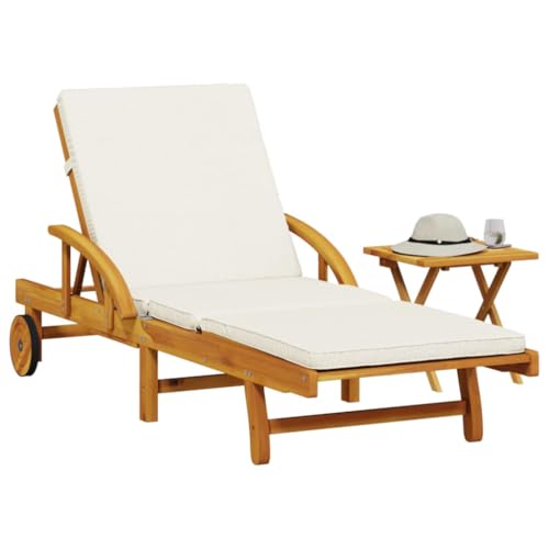 SooIarix Tumbona con cojín y mesa de madera maciza de acacia, tumbona de jardín con cojín, 200 x 68 x 83 cm, silla de camping, tumbona de jardín, mesa plegable, resistente a la intemperie