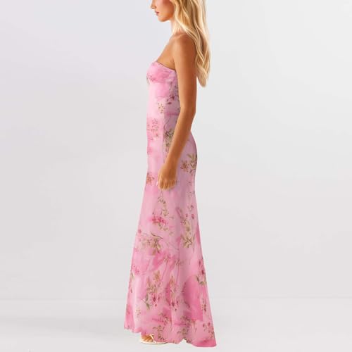 Image of Women Y2k Strapless Maxi Dress Summer Backless Floral Long Tube Dress Off Shoulder Cocktail Party Dress