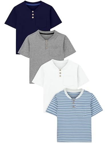 Image of Poroka 4 Pack Baby Boys and Toddlers Cotton Short-Sleeve T-Shirts Pocket Button Crew Neck Tee Short-Sleeve Shirts