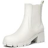 Sasuwa Chelsea Boots Women Mid Calf Platform Ankle Booties Lug Sole Elastic Leather Chunky Block Heel Comfortable White Booties Size 8