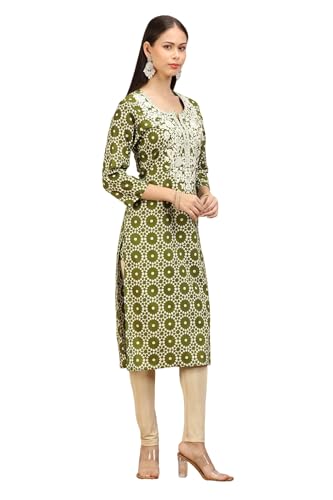 Image of Cotton Culture Mehndi Green Jaipuri Cotton Embroidered Straight Kurta