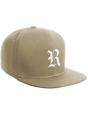 Daxton Classic Snapback Hat Old English Font Alphabet A to Z Flat Bill Visor Cap, Khaki Hat, White R