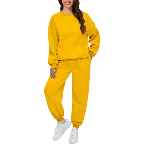 Conjunto de mujer deportivo de invierno ligero, conjunto completo con capucha jersey + pantalones de 2 piezas sudadera para correr otoño sportwear senderismo fitness Chándal casual ocio, amarillo, XXL