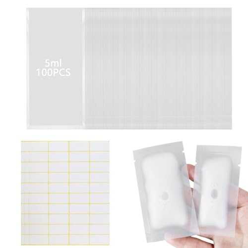 Kamiqiou 熱圧着 パウチ 小分け100枚 5ml パウチ容器 トラベルボトル シャンプー 詰め替えボトル 化粧水 乳液 クリーム サンスクリーン 収納 漏れ防止 袋入り 個包装 使い捨て 出張 旅行 便利グッズ 透明 密封 コンパクト 機内持ち込み可能 携帯易い (5ml)