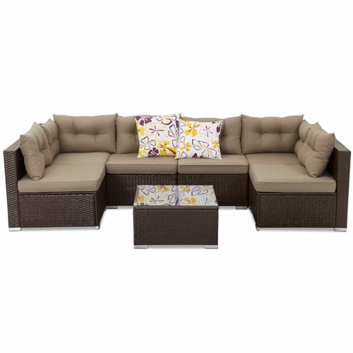 Image of DEVOKO 6 Seater Patio Outdoor Indoor All-Weather Sectional Sofa HDPE Rattan Manual Weaving Wicker Conversation Furniture Set for Garden, Porch, Terrace, Deck, Lawn (Dark Brown & Beige)