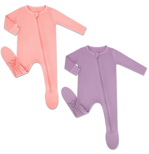 Image of HAPIU Rayon from Bamboo Baby Pajamas Sleepers Footies, 2 Way Sturdy Zipper | Ultra Soft & Breathable for Sensitive Skin, Stretchy, with Mittens, Easy Diaper Changes, Baby Girls Boys, Newborn -24 Months