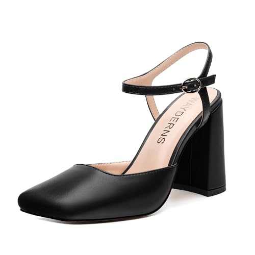 WAYDERNS Slingback Heels for Women Block Chunky Heel Closed Square Toe 3.7 Inch Pumps with Ankle Strap Stylish Casual Office Prom Dress Shoes