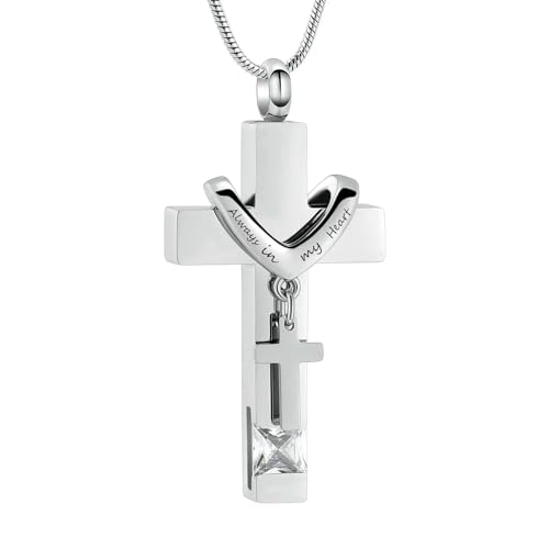 ADENLA Collares de urna con Piedras natales para Cenizas, Colgante de cremación con Cruz Siempre en mi corazón, urnas humanas, medallón conmemorativo, joyería de Recuerdo, Color Blanco
