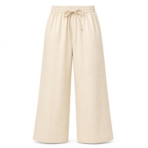 Image of Women Linen Wide Leg Pants High Waist Drawstring Elastic Waist Trousers Breathable Lightweight Summer Palazzo Pants Casual Travel Lounge Wear with Pockets