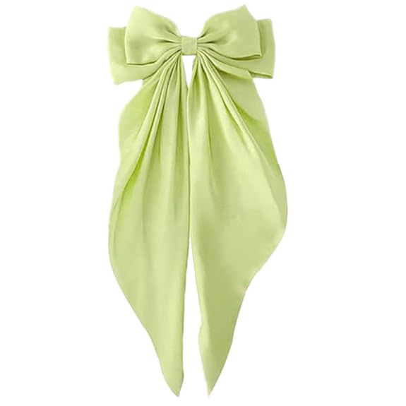 1 Pcs Korean Large Silky Satin Hair Bow Clip for Women & Girls Vintage Bowknot Design with Strong Metal Barrette, Soft Ribbon Scarf Style Hair Accessories Durable and Stylish Hair Clip (Lemon Green)-image-32