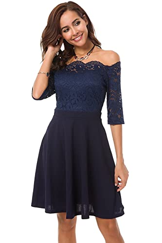 Image of Atnlewhi Womens Vintage Lace Floral Off Shoulder Elegant Swing Dresses A-line Mini Dress for Party Cocktail Wedding