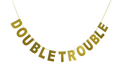 Double Trouble Bunting Banner Gold Glitter for Twins Baby Shower, Kids Birthday Party Decorations