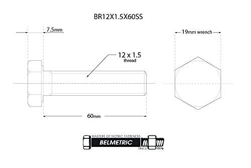 (1pc) BelMetric M12X1.5X60 A2-70 Stainlesss Steel Metric Fine Threaded Hex Tap Bolts DIN 961 for Automobiles, Motorcycles and Watercraft, Washers Included BR12X1.5X60SS - Thumbnail 3