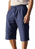  shownicer Homme 3/4 Short en Lin Été Pantacourt Sport Baggy Shorts Et Bermudas Décontracté Short Long Léger Pantalon Lin De Plage A Bleu Foncé 3XL