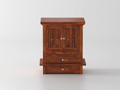 Image of Wudniture Solid Sheesham Wood Handcrafted Pooja Mandir /Temple for Home & Puja Room with Drawer & Tray | Wooden Pooja Ghar Furniture (Natural Finish)