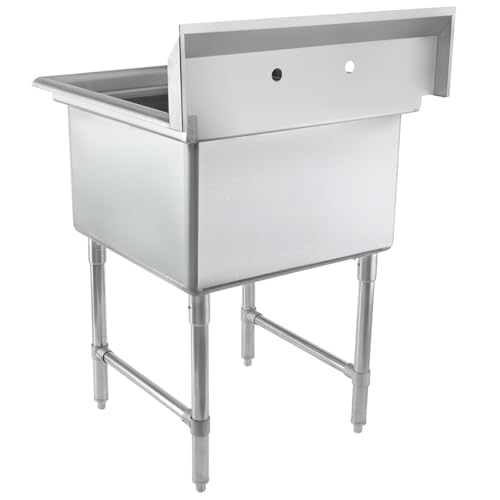 Image of Empura 29 inch Wide Stainless Steel One Compartment Commercial Sink | Prep Utility 24 inch x 24 inch Bowl for Restaurant Laundry Hotel | 3.5 inch Drain Basket, 9.75 inch Backsplash, 29 inchW x 29.5 inchD x 44.25 inchH, 16 Gauge, NSF