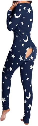 Adoeren Women Christmas Sexy Onesie Pajamas Long Sleeve Butt Button Back Flap One Piece Bodysuit Bodycon Rompers(Star,L)