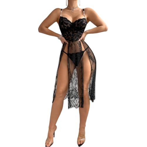 YISENJEE Robes Sexy pour Femmes Robe Nuisette Sexy en Dentelle Et Strass pour Femme Fente Haute...