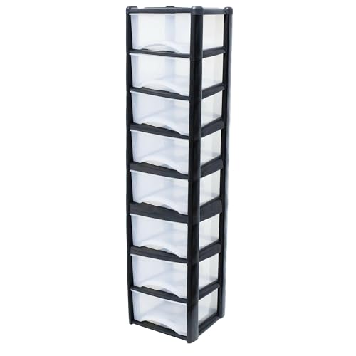 Neat. 8 Plastic Storage Drawers Unit with See-Through Drawers, Compact Vertical Design – Durable Plastic, Ideal for Organizing Office Crafts, and Household Items, 160cm x L39cm x W39cm - Black/Clear