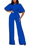 Royal Blue Women Casual Loose Short Sleeve Belted Wide Leg Pant Romper Jumpsuits