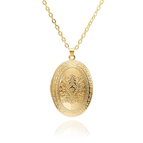 POYAMUSE Vintage Locket Necklace for Women, Gold Silver Locket Pendant Necklace for Women, Classic Keepsake Necklace Jewelry - Gold