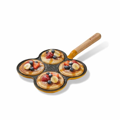 Image of CUMIN CO. Cast Iron Pancake Pan | 28 cm |10 Year Warranty | Non Toxic Non Stick Pan for Pancakes, Uttapams & Mini Eggs | Chemical Free Coating | Free Accessories | No Seasoning Needed | Mustard
